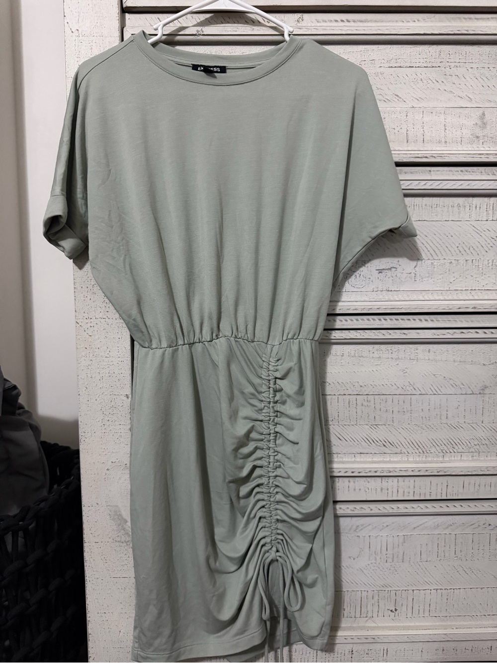 Express Light Sage Ruched-Front Mini Dress